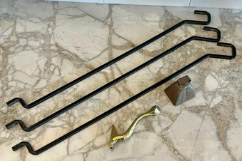 (3) Metal Plant Hooks, Vintage Copper Bell, And Solid Brass Coat Hanger