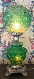 Vintage Green Quilted Glass Gone With The Wind Double Lighted Lamp With Brass Base And Hurricane