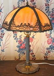 Antique Slag Glass Table Lamp With Solid Brass Base