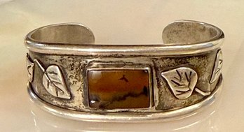 Sterling Silver & Picture Agate Cuff Bracelet With Leaf Motif - Total Weight 40.18 Grams
