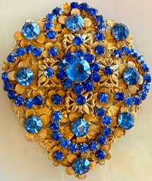 Stunning Antique Art Deco Czech Blue Rhinestone Gold Gilt Filigree Large Fur Collar Clip (as Is)