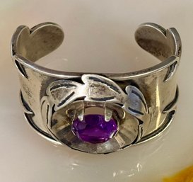 Stunning Hand Made Sterling Silver Cuff Bracelet With Faceted Amethyst Stone - Total Weight 48.56 Grams
