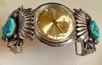 Navajo Sterling Silver & Turquoise Signed K M & KK Watch Lugs With Bulova Accutron Watch Total Weight 83.94 Gr