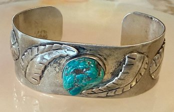 Sterling Silver & Turquoise Leaf Cuff Bracelet - 29.17 Grams