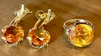 Vintage Gold Filled Synthetic Orange Sapphire Ring Size 5 And Earrings (as Is)