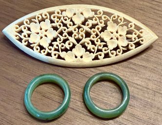 (2) Jadeite Rings Size 6.5 And A Bone Carved Brooch Pin