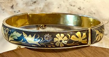 Vintage Black & Gold Damascene Hinged Bangle Bracelet With Safety Chain - Birds Of Paradise