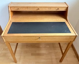 Danish MCM Writing Desk Franklin Desk With Black Leather Inset And Dove Tail Drawers With Key