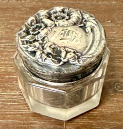Small Antique Victorian Sterling Silver Repousse Lid & Crystal Dresser Jar (as Is) - Lid 7.40 Grams
