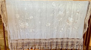 Antique Victorian Embroidered Ivory Silk Piano Scarf With Intricate Fringe
