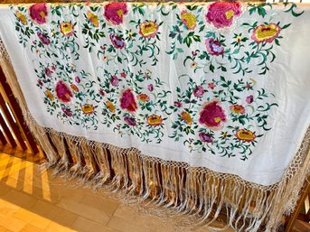 Antique Victorian Embroidered Floral Silk Piano Scarf With Intricate Fringe
