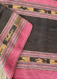 Antique Bolivian Aguayo Hand Woven Geometric Wool Table Runner With Animal Bands