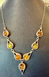 Vintage Sterling Silver & Multi Color Baltic Amber Teardrop Pendant 18 Inch Necklace