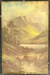 Vintage Beveled Glass Front Highland Cow Landscape Print With Wood Back