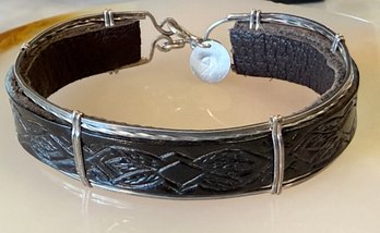Vintage Handmade Silver Wrapped Tooled Leather Bracelet