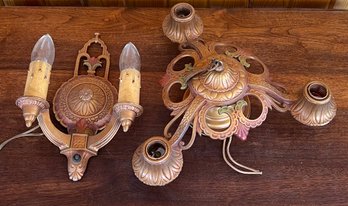 (2) Art Deco Cast Metal 3 Bulb Chandelier And A Plug In Wall Sconce