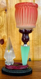 Unique Art Deco Jadeite And Bakelite Table Lamp With Art Glass Tree And Red Glass Shade (as Is)