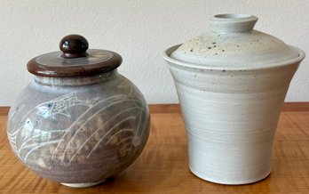 (2) Signed Studio Pottery Lidded  Dishes - Grey Fish & White With Blue Interior