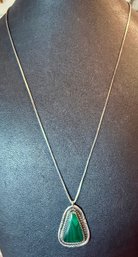 Sterling Silver India 20 Inch Box Chain With Malachite And Sterling Silver Pendant - 10 Grams