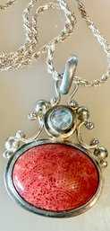 Vintage Sterling Silver 18 Inch  Chain & Sterling Red Coral & Moonstone Pendant  11.27 Grams