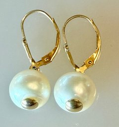 14k Yellow Gold And Pearl Earrings - Total Weight 3.53 Grams