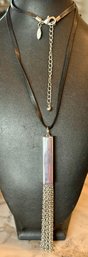 Vintage Chicos Black Leather 30 Inch Statement Necklace With Silver Tone Fringe Pendant