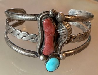 Navajo Sterling Silver Cuff Bracelet With Turquoise & Coral - 34.84 Grams