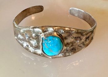 Sterling Silver Heavy Cuff Bracelet With Turquoise Stone - Weight - 35.5 Grams