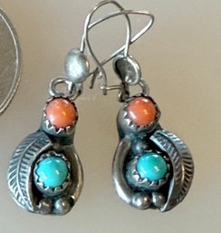 C Davis Sterling Silver - Coral & Turquoise Earrings - 3.93 Grams