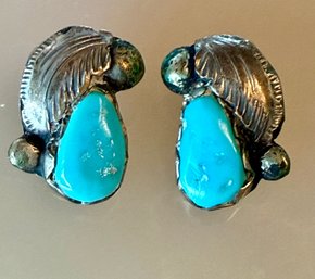 Pair Of Zuni Carmelita Simplico Sterling Silver & Turquoise Clip On Earrings