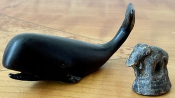Antique Cast Lead Sperm Whale Paperweight And A Miniature Brass Elephant