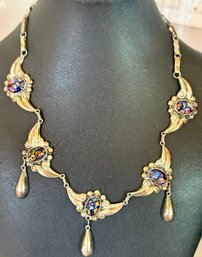 Gorgeous Vintage Mexico Sterling Silver & Foil Opal Tear Drop 16 Inch Necklace  -  Weight  34.72 Grams
