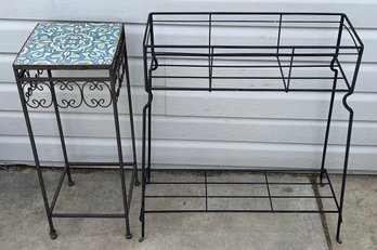 (2) Black Metal Plant Stands - (1) Tile Top