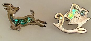(2) Vintage Mexico JHE Sterling Silver & Abalone Deer & Flower Pin -  Weight 5.97 Grams