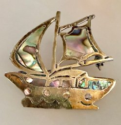 Vintage Mexico Sterling Silver & Abalone Ship Pin - 4.63 Grams