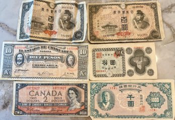 (2) 100 Yen Paper Currency Note - 1954 Canada 2 Dollar - 1915 Diez Pesos - 1946 Japanese - 1950 Korean