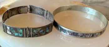 Vintage 800 Silver Mexico Abalone 7 Inch Panel Bracelet (as Is) Silver Tone Mexico Abalone Bangle Bracelet