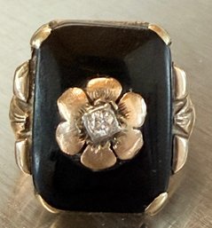 Antique 10K Yellow Gold - Diamond & Black Onyx Ring In Original Box Size 5.75 - Total Weight 7.33 Grams