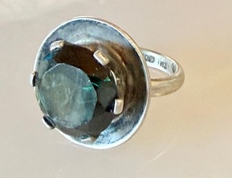 1950's Sterling Silver Taxco Mexico Large Green Spinel Faceted Stone Ring Size 7 Weight 9.54 Grams