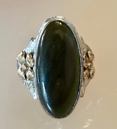 1920's Sterling Silver & 10K Gold Filled Ring Nephrite Jade Stone Cabochon Size 6.75 - Weight 5.42 Grams