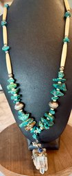 Stunning Native American Turquoise Sterling Silver Bead - Bone Bead - Crystal & Turquoise Pendant Necklace