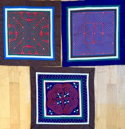 (3) Hmong Paj Ntaub Flower Cloth Needle Work Embroidered Panels