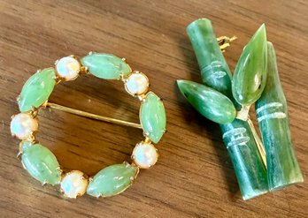 Sorrento 1/20 12K GF Pearl & Jade Brooch & Bamboo Shoots With Leaves Jade Brooch