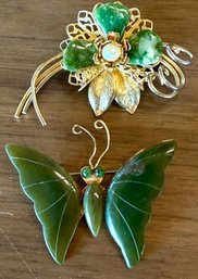 (2) Vintage Gold Tone And Jade Brooches- Butterfly And Flower With Pearl