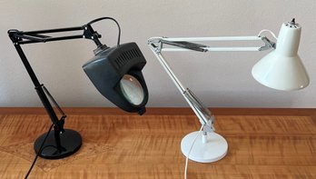 (2) Adjustable Spring Arm Table Lamps - 1 Magnifying