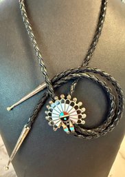 Vintage Zuni Adrian Wallace Sun Face Bolo Tie Turquoise - Coral - MOP Leather W Sterling Tips