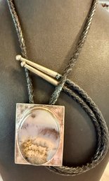 Vintage Sterling Silver And Picture Jasper Bolo Tie W Leather Tie & Sterling Tips