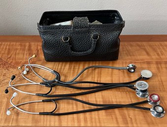 Vintage Leather Doctors Bag With Contents - Stethoscopes, Gauze, Bandages, And More