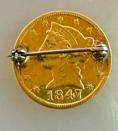 Gold 1847 5 Dollar Coin Pin - 7.74 Grams Total