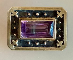 Art Deco Amethyst Purple Stone Pin Brooch Signed TK - 23.79 Grams Total